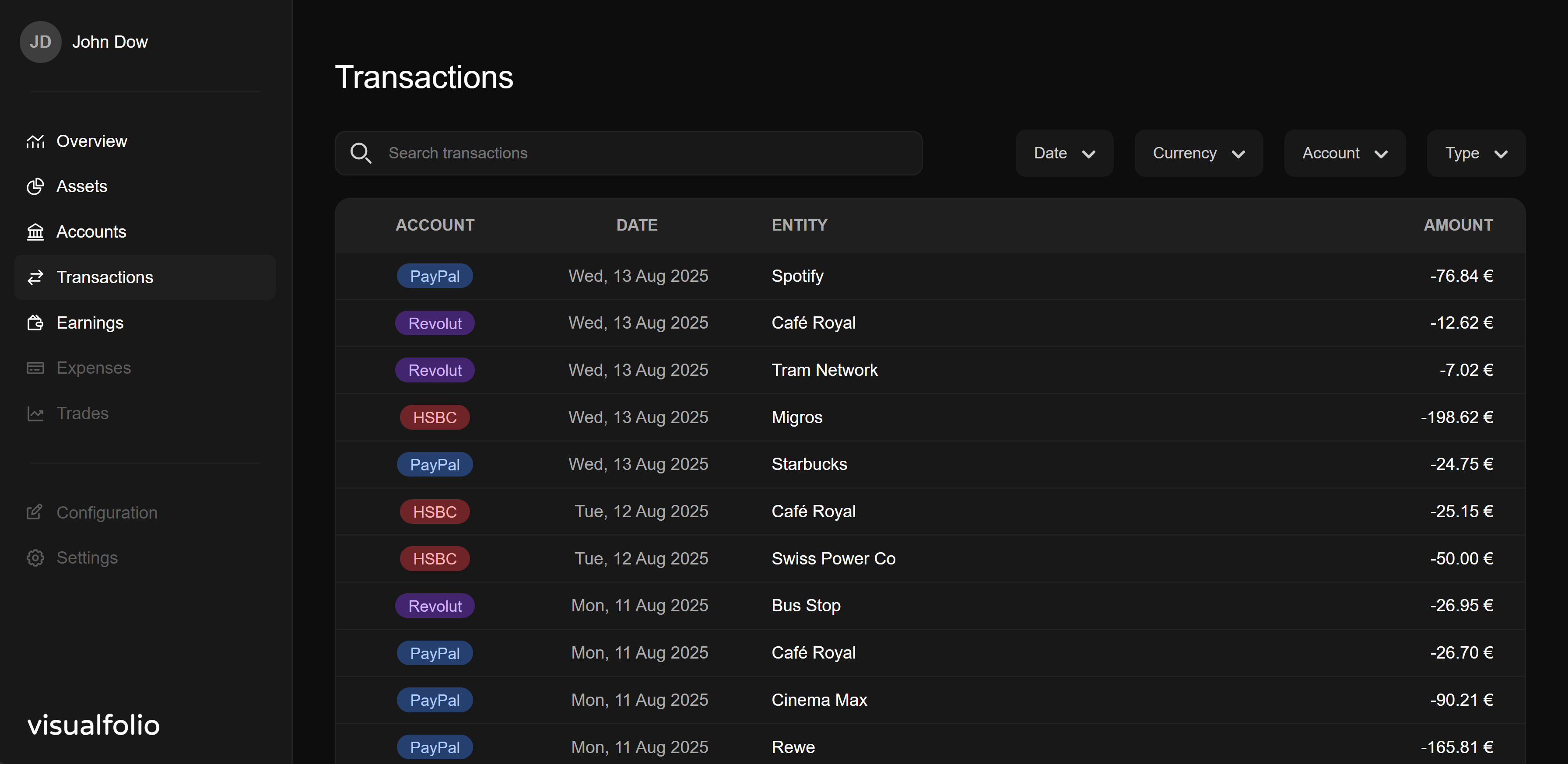 Visualfolio dashboard showing transaction history and details
