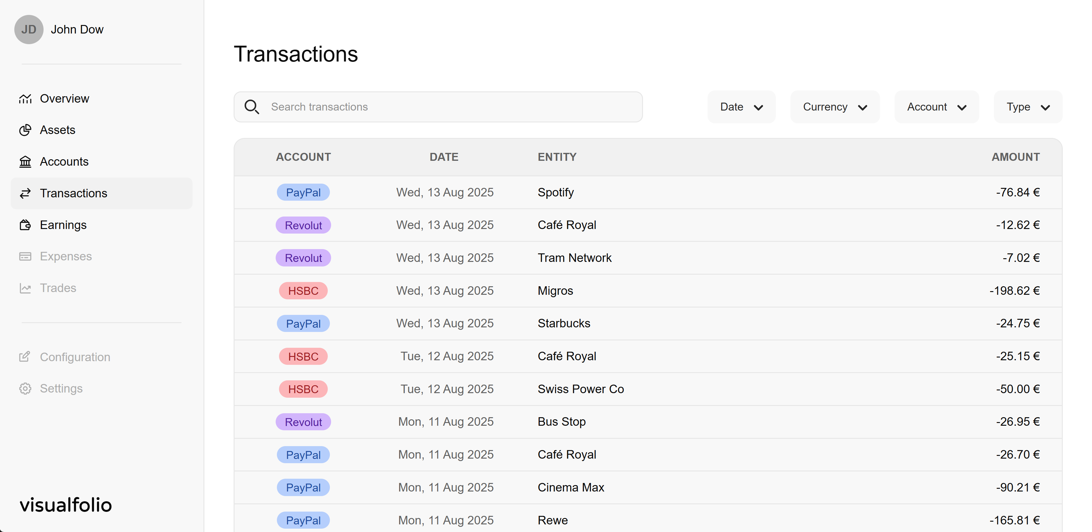 Visualfolio dashboard showing transaction history and details